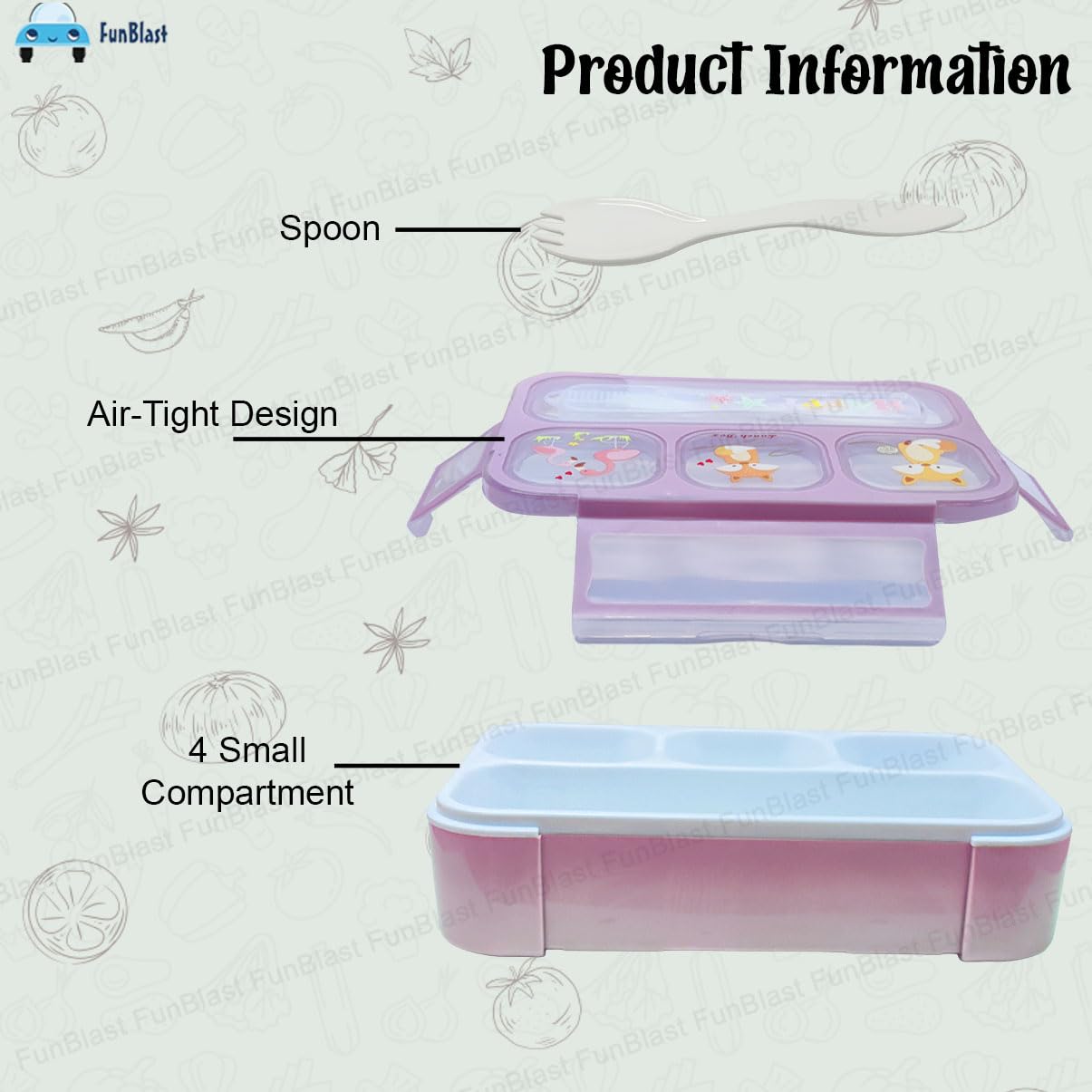 Pink airtight leak-proof lunchbox with four compartments and a spoon, designed for safe school meals